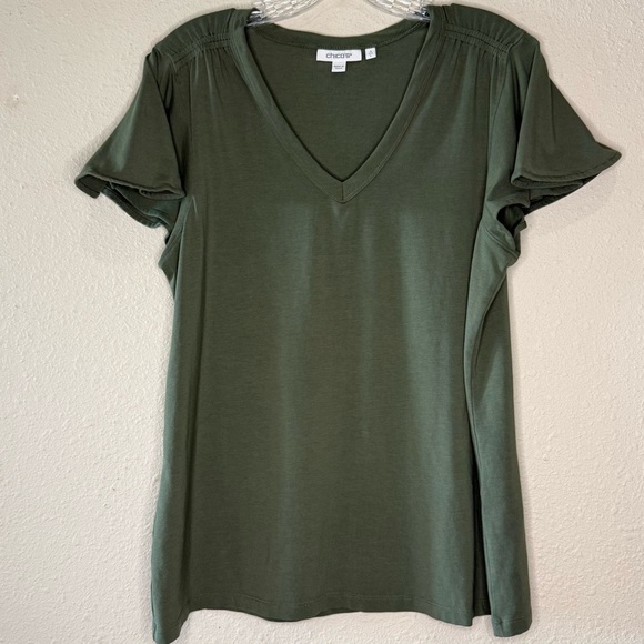 Chico’s Flutter Sleeve V-neck Top Ruched Olive Green Women’s Size 12 (Chico’s 2) - Picture 1 of 10